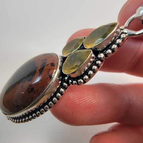 Necklace Pendants Mahogany Obsidian and Yellow Quartz Handmade Jewelry in Silver - Picture 8 of 9